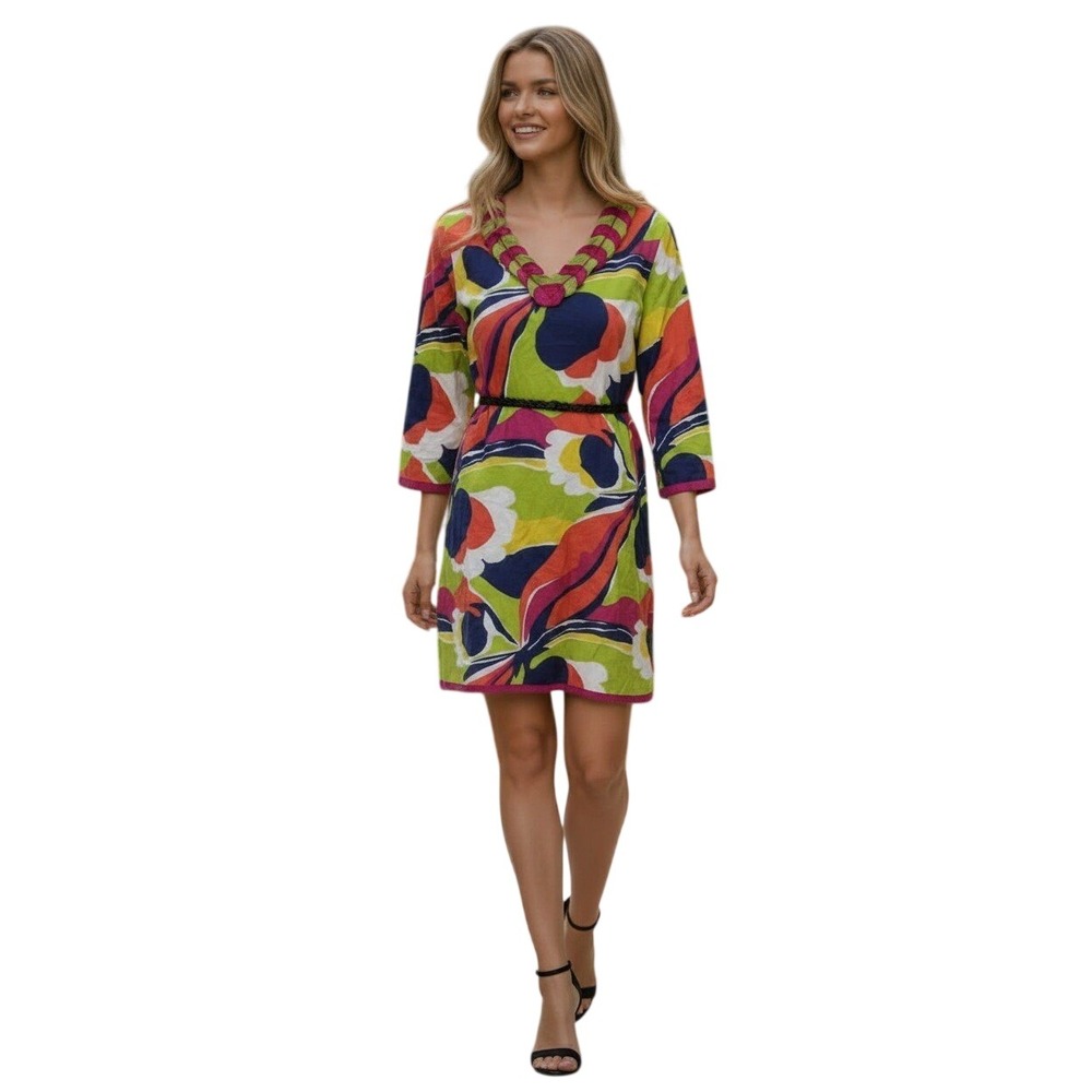 BODEN 100% Cotton Coastal Boho Abstract Tunic Dress Colorful‎ Vacation Ruffle S